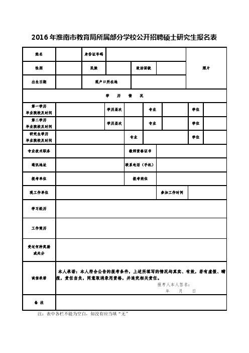 2016年淮南市教育局所属部分学校公开招聘硕士研究生报名表 .doc