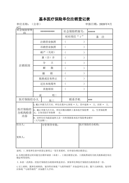 基本医疗保险单位注销登记表(样表)