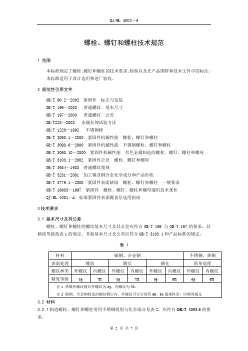 螺栓、螺钉和螺柱技术规范(企业标准)