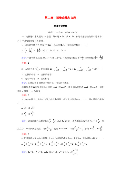 2017-2018学年高中数学 第二章 圆锥曲线与方程质量评估检测 新人教B版选修2-1