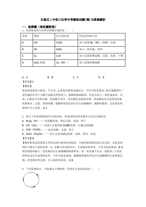 石家庄二中初三化学中考模拟试题(卷)与答案解析