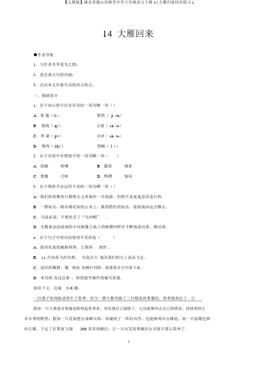 【人教版】湖北省通山县杨芳中学八年级语文下册14大雁归来同步练习1