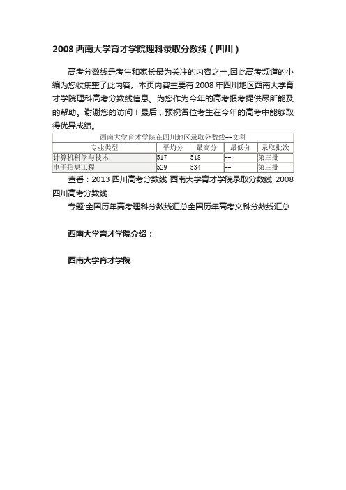 2008西南大学育才学院理科录取分数线（四川）