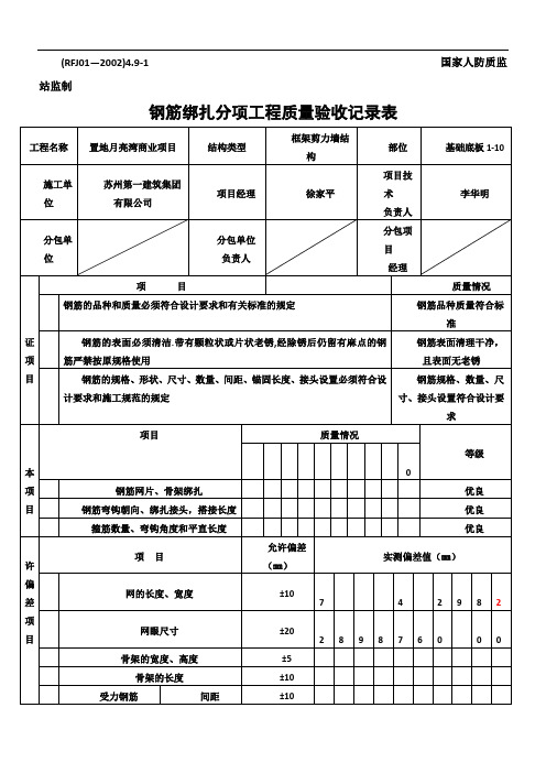 钢筋绑扎分项工程质量验收记录表