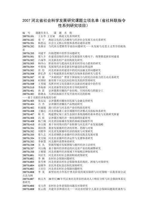 2007河北省社会科学发展研究课题立项名单(省社科联指令性系列研究项目)