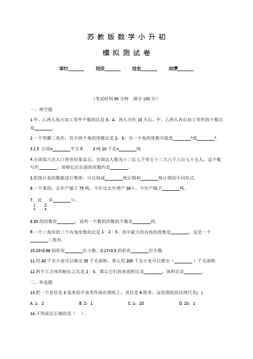 苏教版六年级小升初数学冲刺模拟试卷及答案