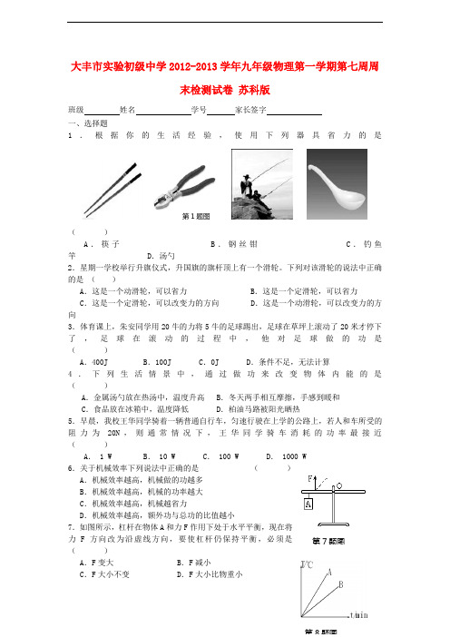 大丰市实验初级中学九年级物理第一学期第七周周末检测