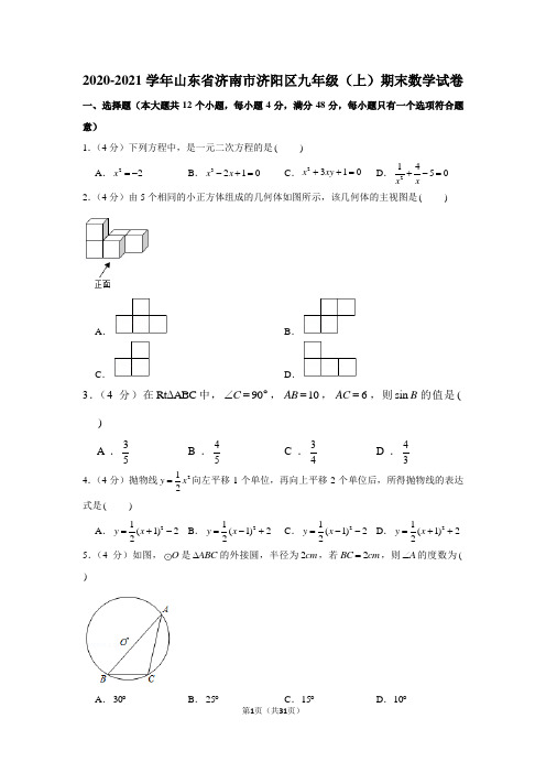 2020-2021学年山东省济南市济阳区九年级(上)期末数学试卷