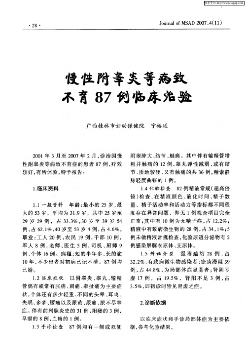 慢性附睾炎等病致不育87例临床治验