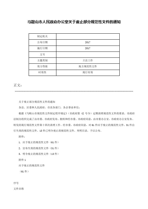 马鞍山市人民政府办公室关于废止部分规范性文件的通知-