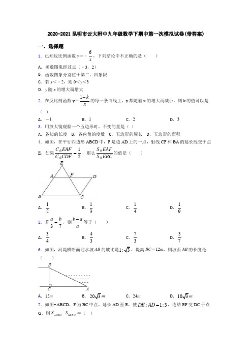 2020-2021昆明市云大附中九年级数学下期中第一次模拟试卷(带答案)