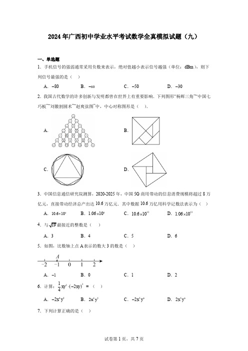 2024年广西初中学业水平考试数学全真模拟试题(九)