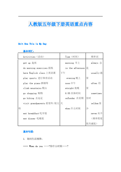 人教版五年级下册英语重点内容