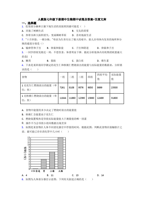 人教版七年级下册期中生物期中试卷及答案-百度文库