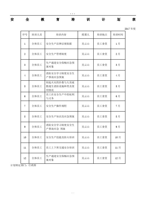 安全教育培训计划表