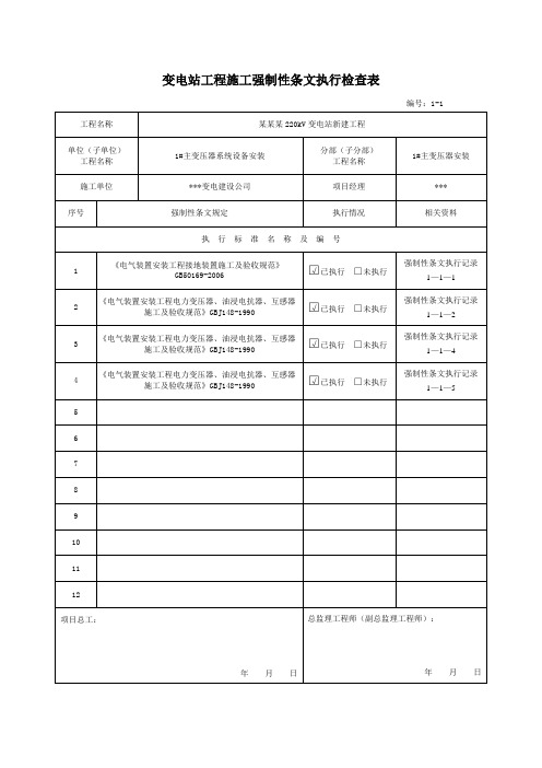 220kV(110KV)变电站工程施工强制性条文执行检查表(监理部分)