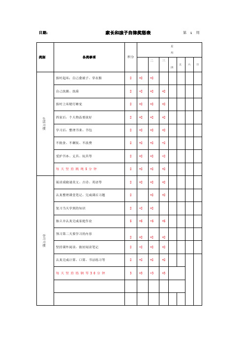 家长和孩子自律奖惩表