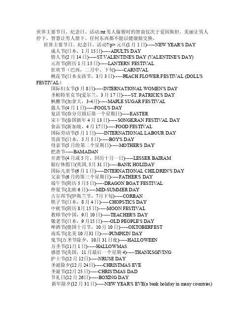 世界主要节日、纪念日、活动