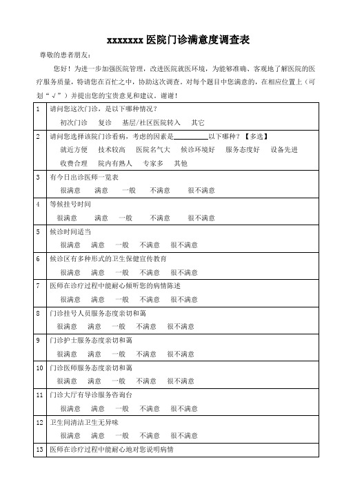 xxxxxxx医院门诊满意度调查表