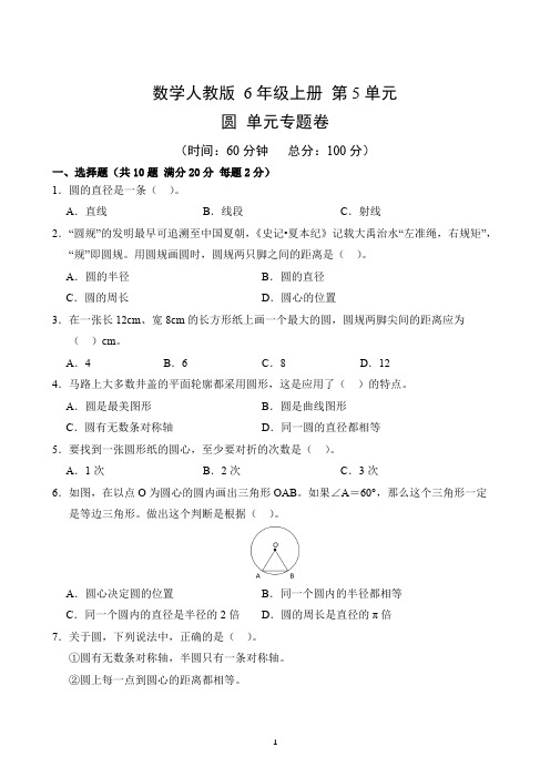 第5单元 圆-单元素养测评(1)-2024-2025学年数学人教版六年级上册(含答案解析)