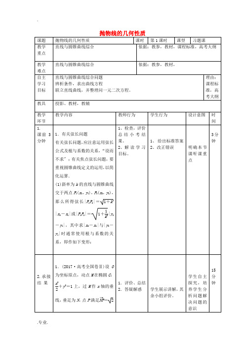 高中数学 第二章 圆锥曲线与方程 2.5 圆锥曲线的定义、性质直线与圆锥曲线(1)教案 新人教B版选