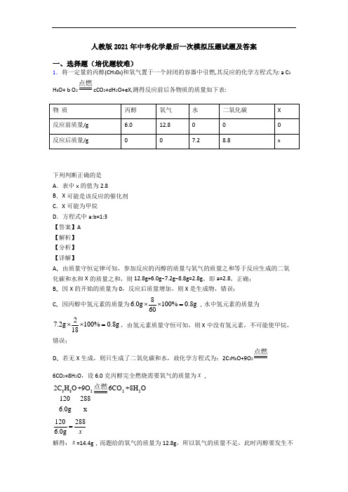 人教版2021年中考化学最后一次模拟压题试题及答案