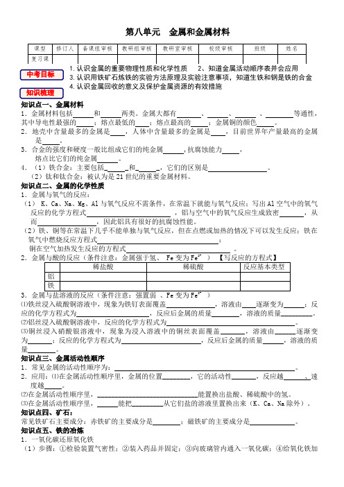 人教版初中化学第一轮复习讲学稿 第八单元 金属和金属材料 复习导学案(无答案)