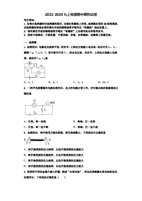 2022年江苏省南京玄武外国语学校物理九上期中监测试题含解析