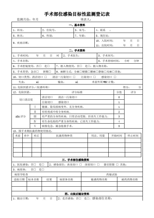 手术部位感染目标性监测登记表