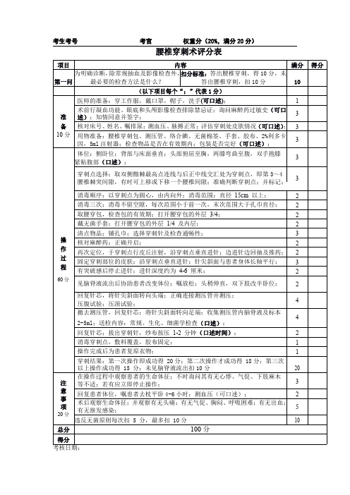 规培考试 腰椎穿刺术操作评分表