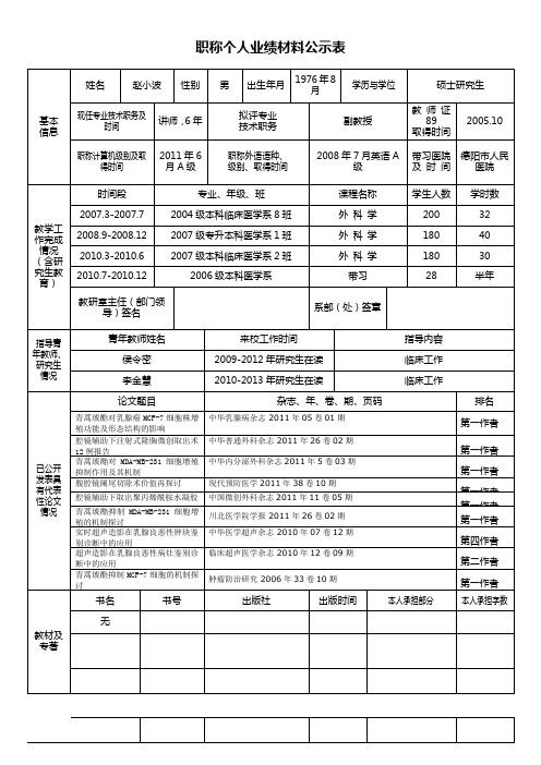 职称个人业绩材料公示表