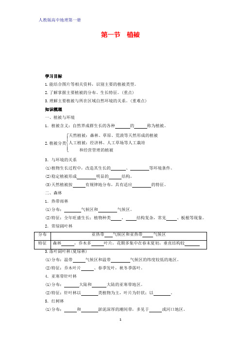 人教版高中地理第一册(必修1)学案学案1：5.1植被学案