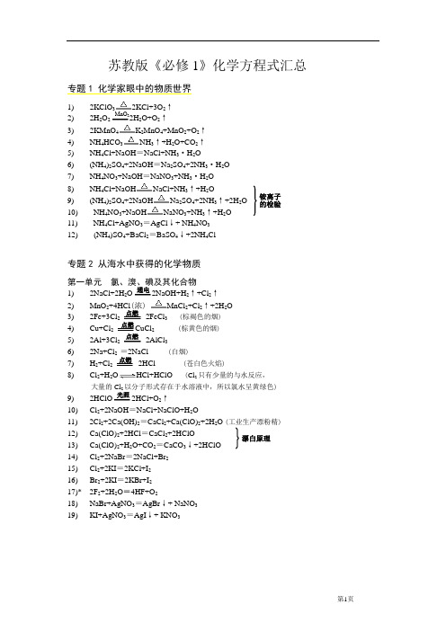 苏教版高中化学《必修1》化学方程式汇总