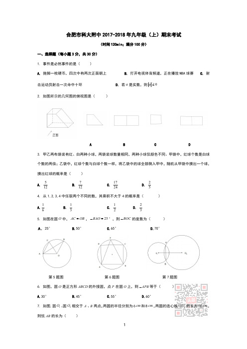 合肥市科大附中2017-2018年九年级(上)期末考试