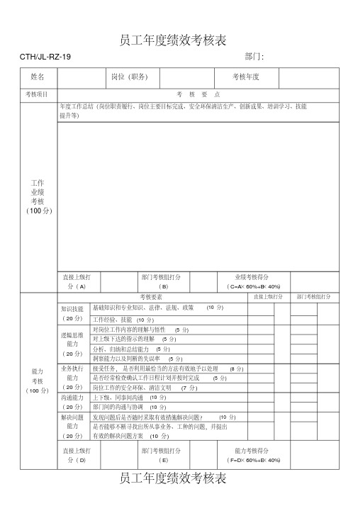 中层管理人员年度绩效考核表