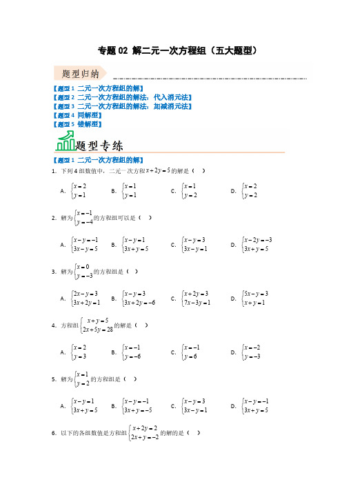 专题02 解二元一次方程组(五大题型)(题型专练)(原卷版)