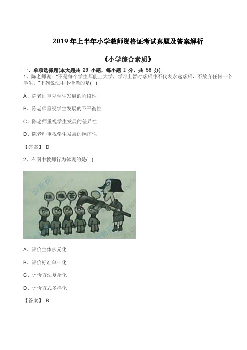 2019年上半年小学教师资格证考试真题及答案解析《小学综合素质》