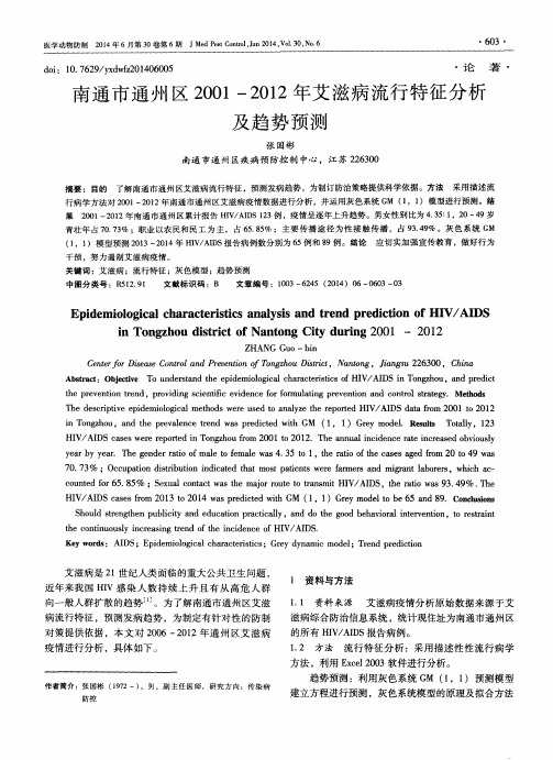 南通市通州区2001-2012年艾滋病流行特征分析及趋势预测