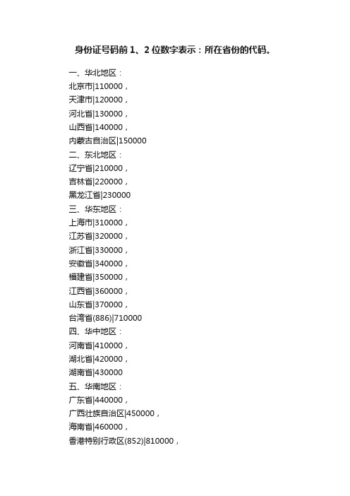 身份证号码前1、2位数字表示：所在省份的代码。