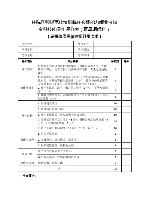 住院医师规范化培训临床实践能力结业考核专科技能操作评分表(耳鼻咽喉科)扁桃体周围脓肿切开引流术