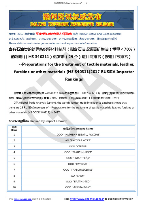 含有石油类的处理纺织等材料制剂(指含石油…(HS 340311)2017 俄罗