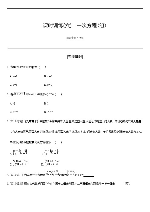 2019年苏科版中考二轮复习课时训练06：一次方程(组)(含答案)