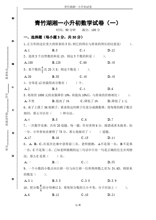 青竹湖湘一小升初试卷