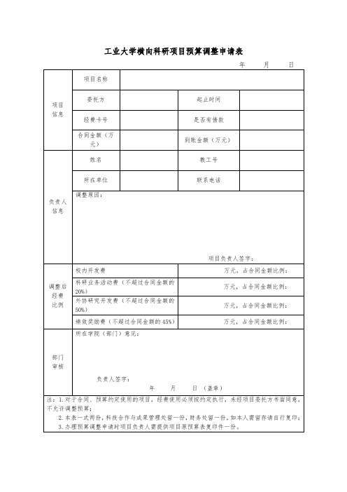 工业大学横向科研项目预算调整申请表