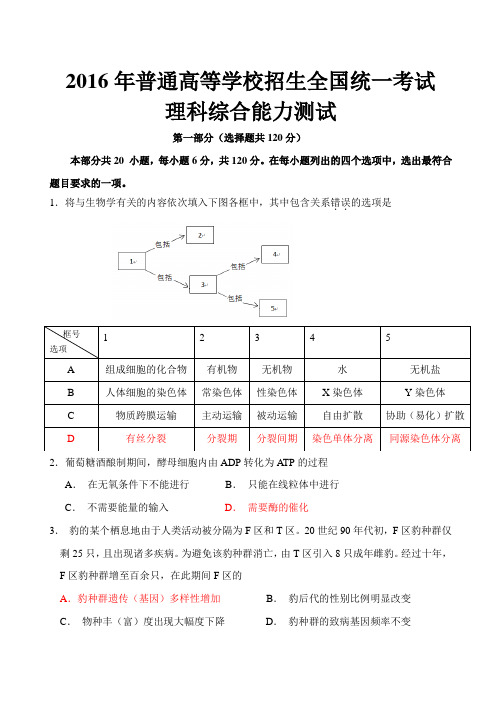 2016高考北京理综生物试题及答案(精校图文)