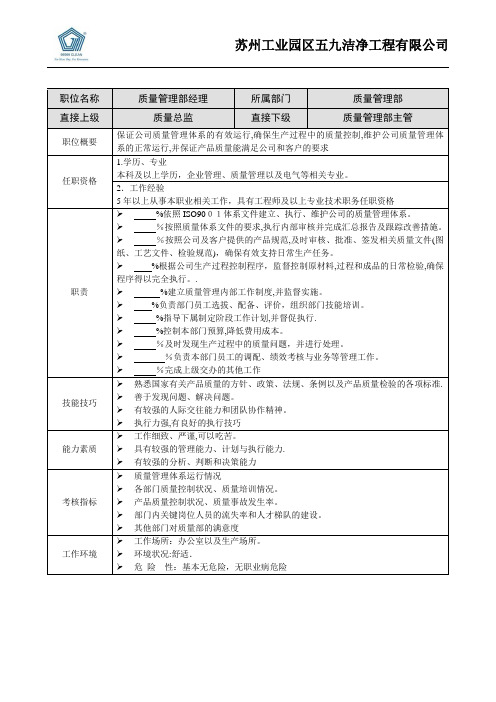 质量管理部岗位说明书【可编辑范本】