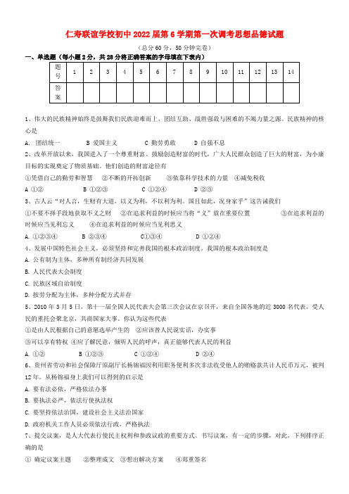 四川省仁寿县联谊学校2022届九年级政治下学期第一次调考模拟押题 人教新课标版