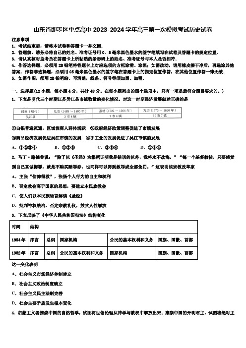 山东省即墨区重点高中2023-2024学年高三第一次模拟考试历史试卷含解析