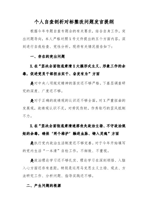 个人自查剖析对标整改问题发言提纲