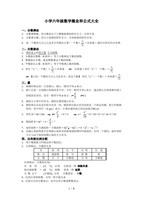 最新小学六年级数学概念和公式大全